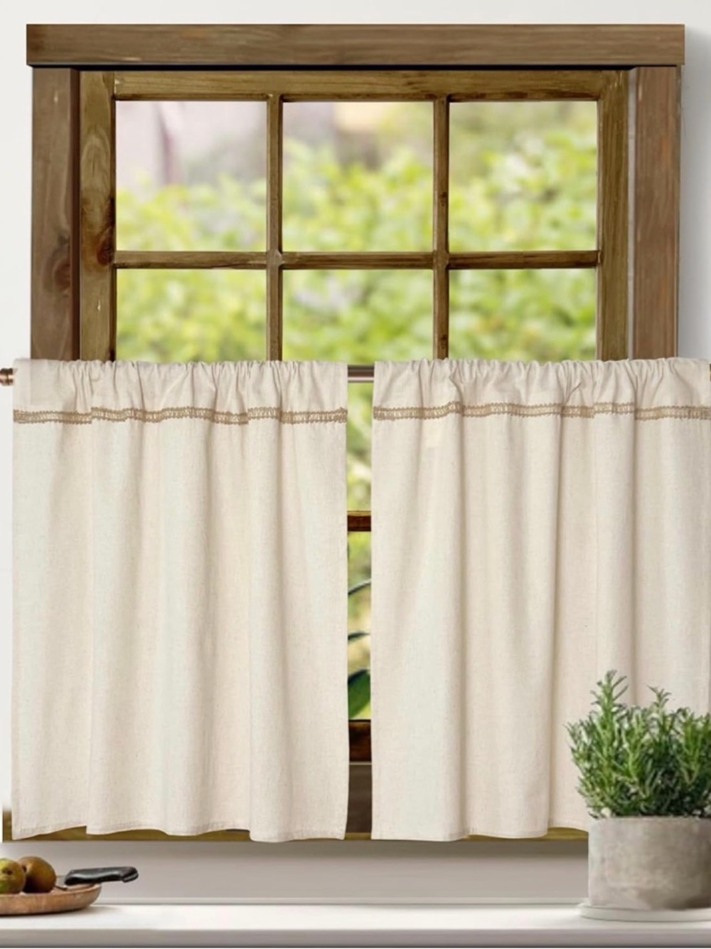 Ivory Cotton Linen Blend Kitchen Curtain Set with Decorative Trim 24in